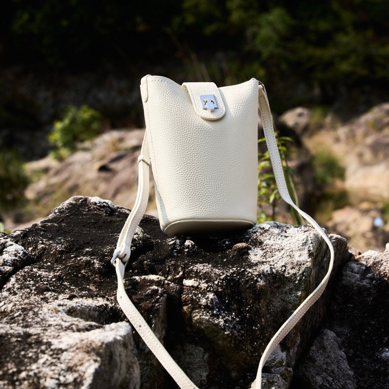 Women's Genuine Leather Vertical Drawstring Bucket Phone Bag