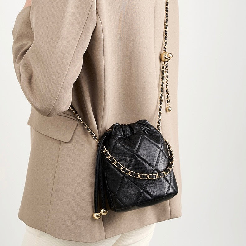 Women’s Genuine Leather Chic Bucket Bag with Chain Strap