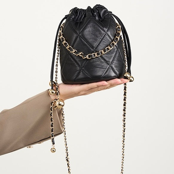 Women’s Genuine Leather Chic Bucket Bag with Chain Strap
