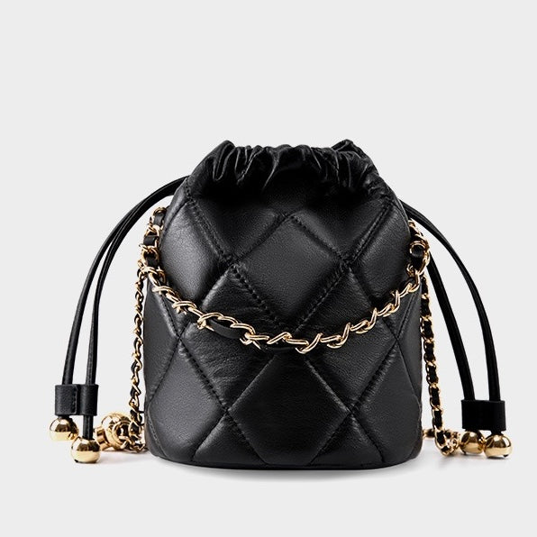 Women’s Genuine Leather Chic Bucket Bag with Chain Strap