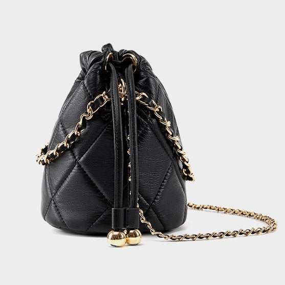 Women’s Genuine Leather Chic Bucket Bag with Chain Strap
