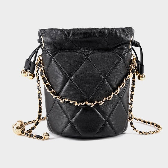 Women’s Genuine Leather Chic Bucket Bag with Chain Strap