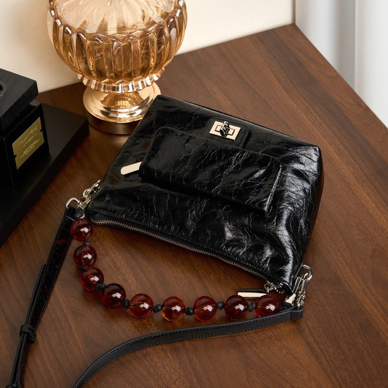 Women's Retro Waxed Genuine Leather Pleated Beaded Chain Crossbody Bag