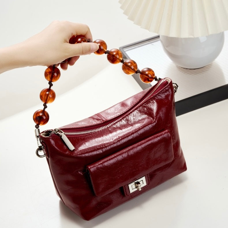 Women's Retro Waxed Genuine Leather Pleated Beaded Chain Crossbody Bag