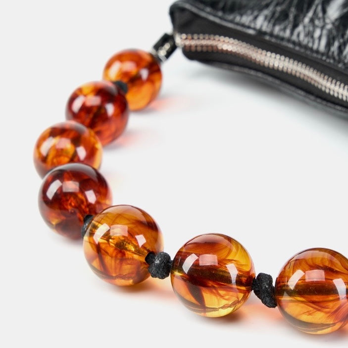 Women's Retro Waxed Genuine Leather Pleated Beaded Chain Crossbody Bag