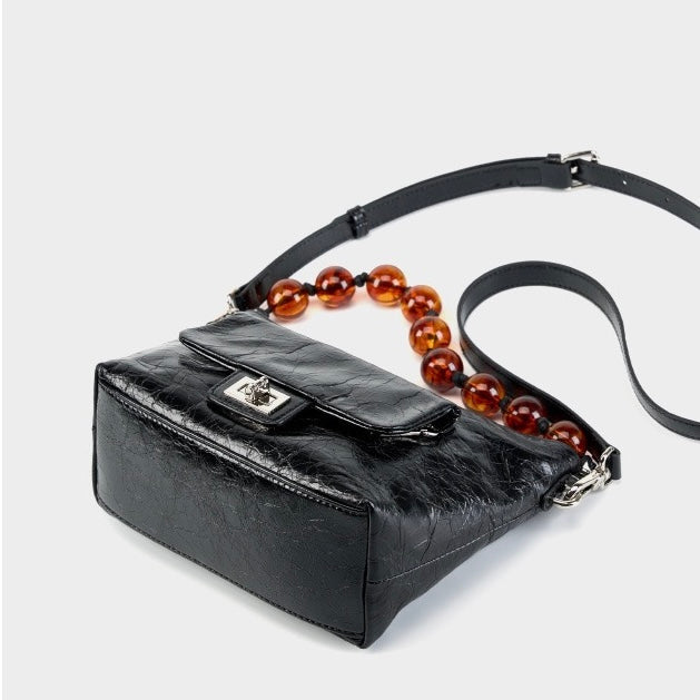 Women's Retro Waxed Genuine Leather Pleated Beaded Chain Crossbody Bag