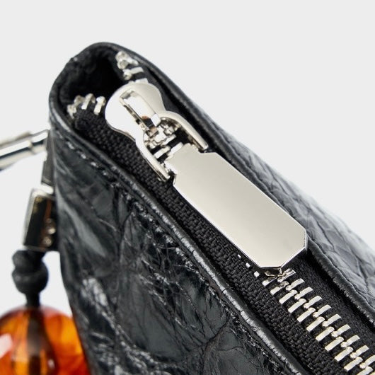 Women's Retro Waxed Genuine Leather Pleated Beaded Chain Crossbody Bag