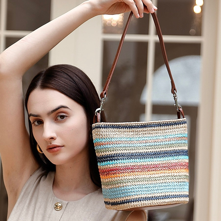 Women's Genuine Leather Summer Color Blocking Straw Woven Bucket Bag