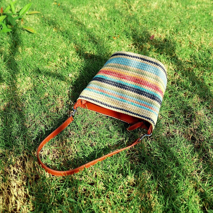Women's Genuine Leather Summer Color Blocking Straw Woven Bucket Bag
