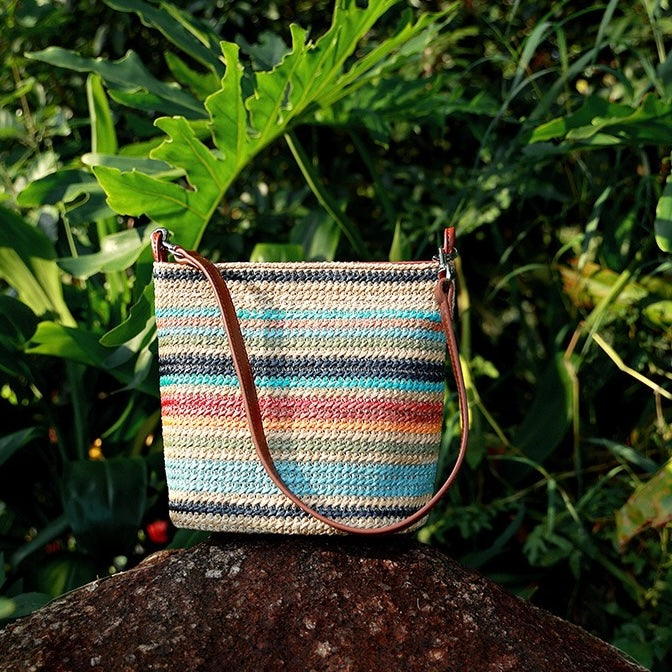 Women's Genuine Leather Summer Color Blocking Straw Woven Bucket Bag