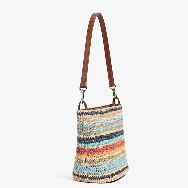 Women's Genuine Leather Summer Color Blocking Straw Woven Bucket Bag