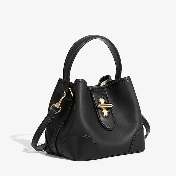 Genuine Leather Premium Lock Mini Bucket Handbag Crossbody Bag for Women