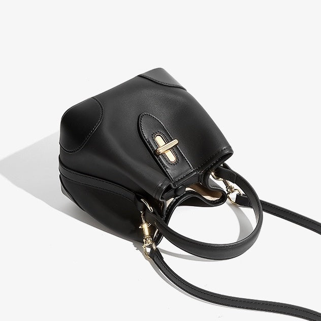 Genuine Leather Premium Lock Mini Bucket Handbag Crossbody Bag for Women