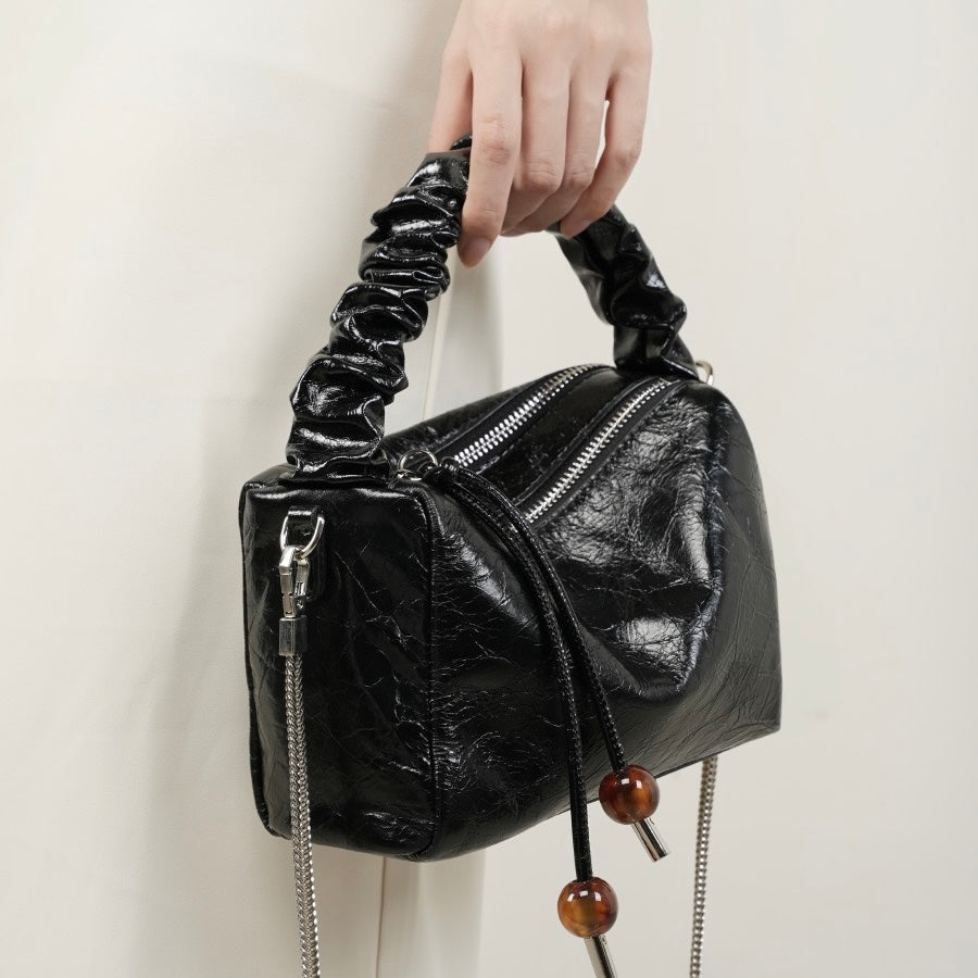 Women's Genuine Leather Beaded Bento Box Handheld Crossbody Bag