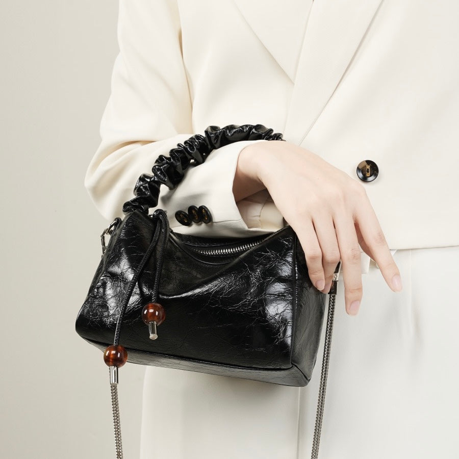 Women's Genuine Leather Beaded Bento Box Handheld Crossbody Bag