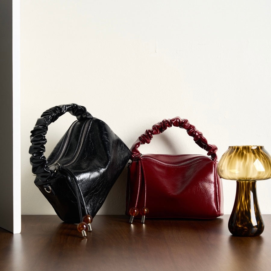 Women's Genuine Leather Beaded Bento Box Handheld Crossbody Bag