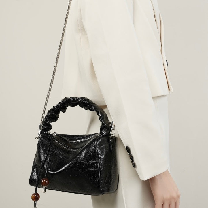 Women's Genuine Leather Beaded Bento Box Handheld Crossbody Bag