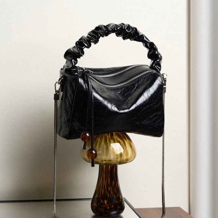 Women's Genuine Leather Beaded Bento Box Handheld Crossbody Bag