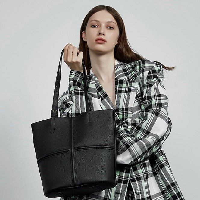 Women’s Luxury Genuine Leather Commuter Tote Bag with Inner Pouch