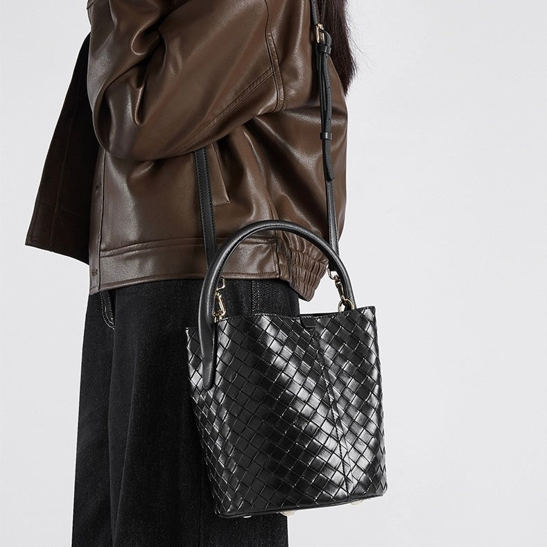 Women’s Luxury Genuine Leather Woven Bucket Crossbody Handbag
