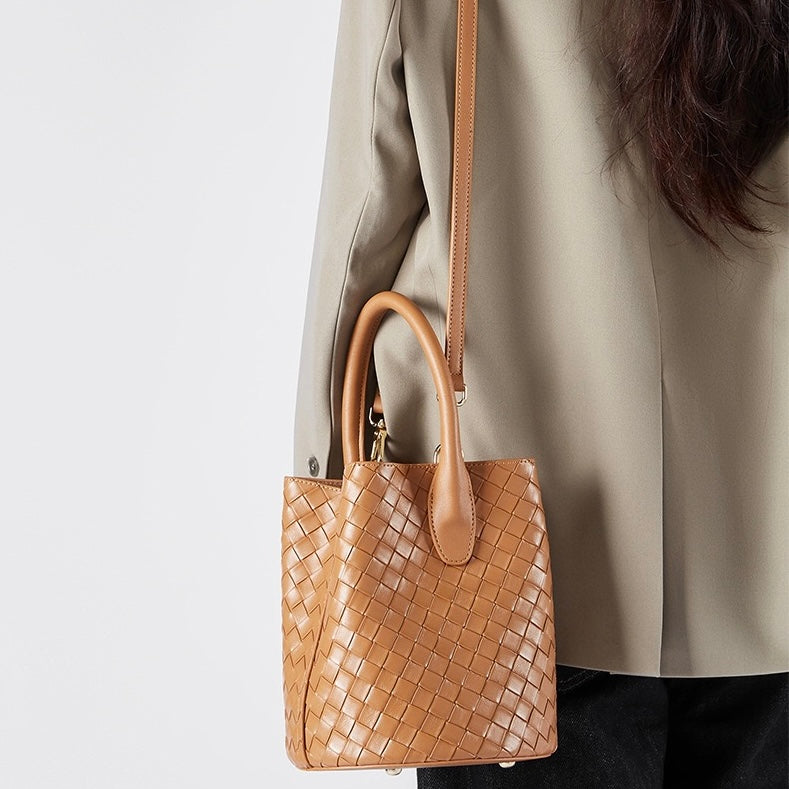 Women’s Luxury Genuine Leather Woven Bucket Crossbody Handbag