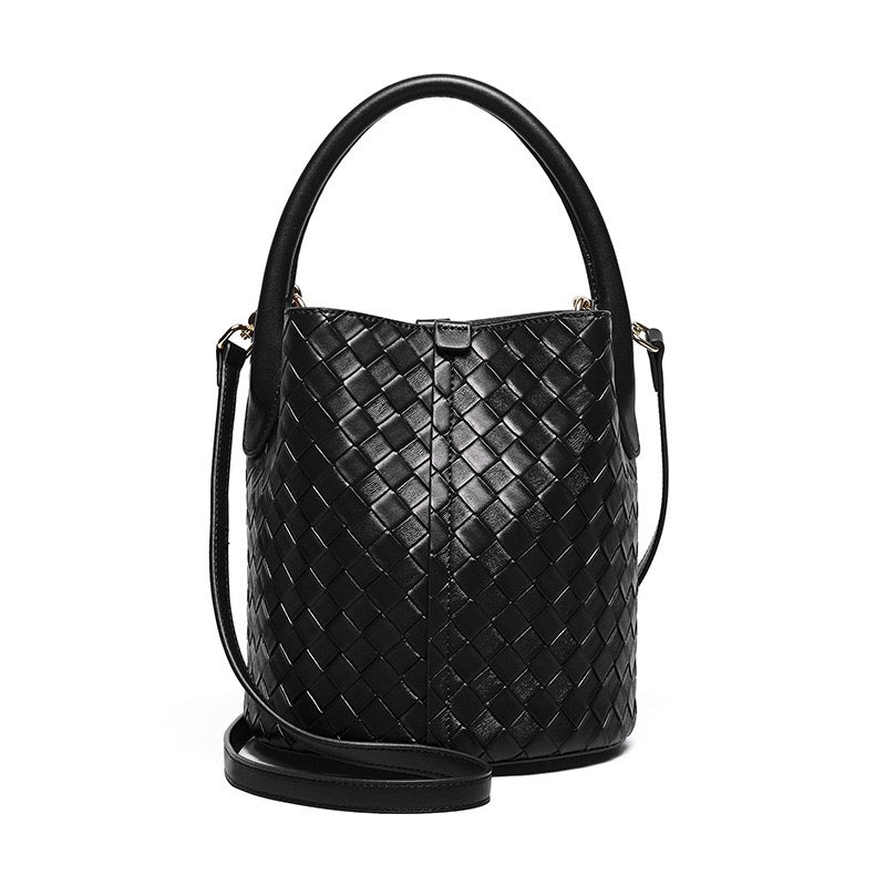 Women’s Luxury Genuine Leather Woven Bucket Crossbody Handbag