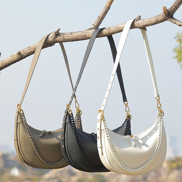 Women’s Genuine Leather Baguette Dumpling Bag with Luxe Chain