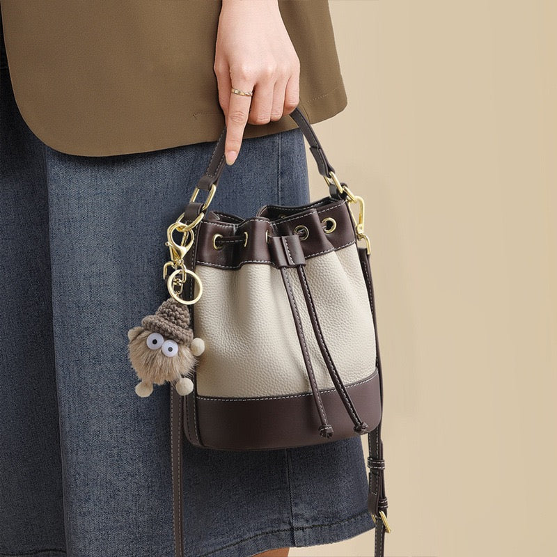 Women's Genuine Leather Pendant Decor Bucket Handbag Crossbody Bag