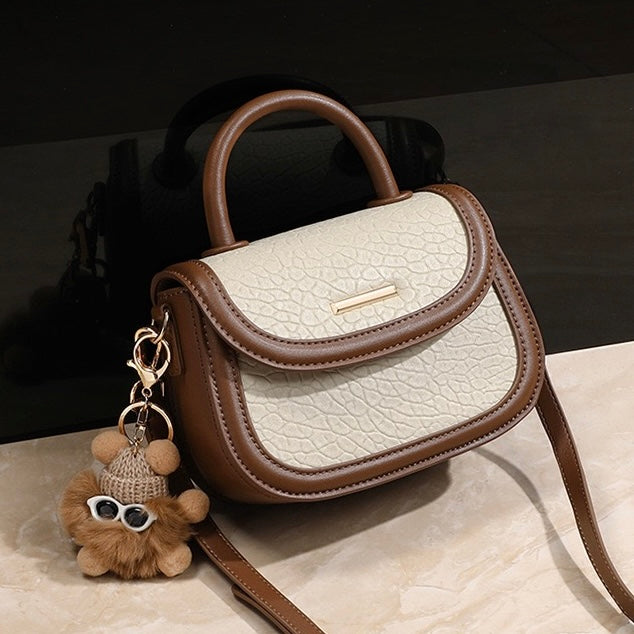 Women's Genuine Leather Color Block Furry Pendant Handbag Crossbody Bag