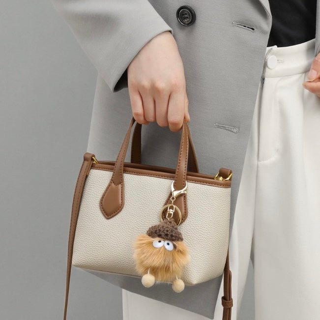 Women’s Genuine Leather Cute Mini Pom Pom Bucket Crossbody Handbag