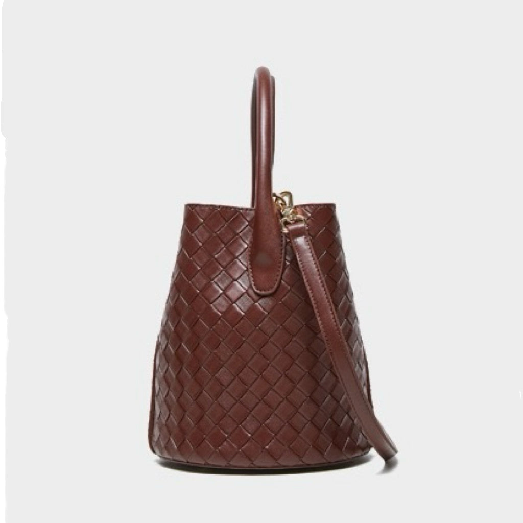 Women’s Luxury Genuine Leather Woven Bucket Crossbody Handbag