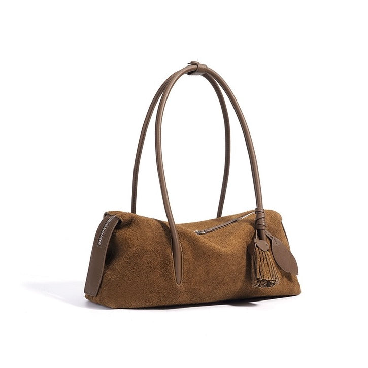 Matte Genuine Leather Tassel Pendant Shoulder Pillow Bag