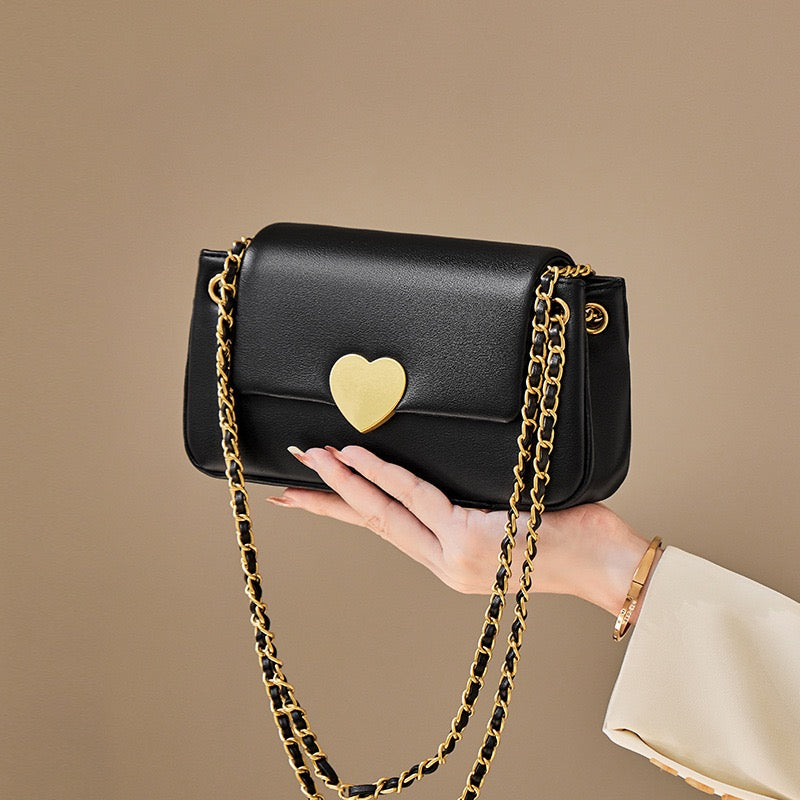 Women's Genuine Leather Chain Shoulder Crossbody Bag with Heart - Shaped Buckle