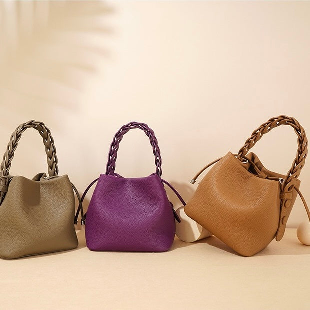 Women's Genuine Top-Grain Leather Versatile Commuting Bucket Bag Single-Shoulder Crossbody Elegant Handheld Bag