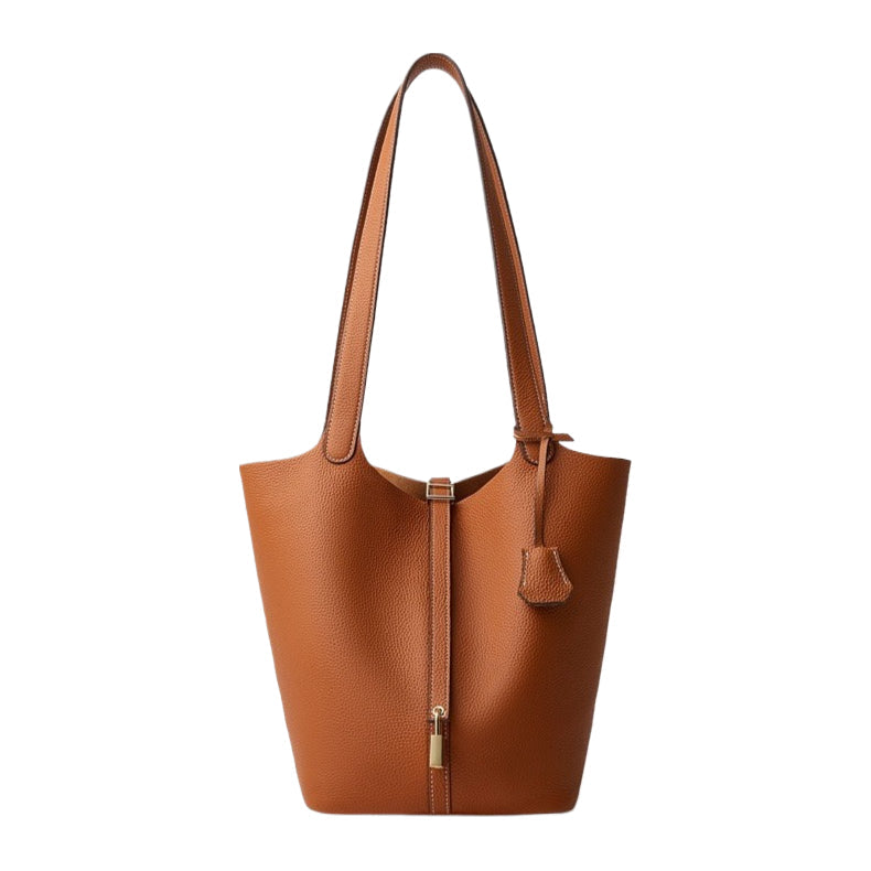 Textured Genuine Leather Tote Bag with Gold Buckle