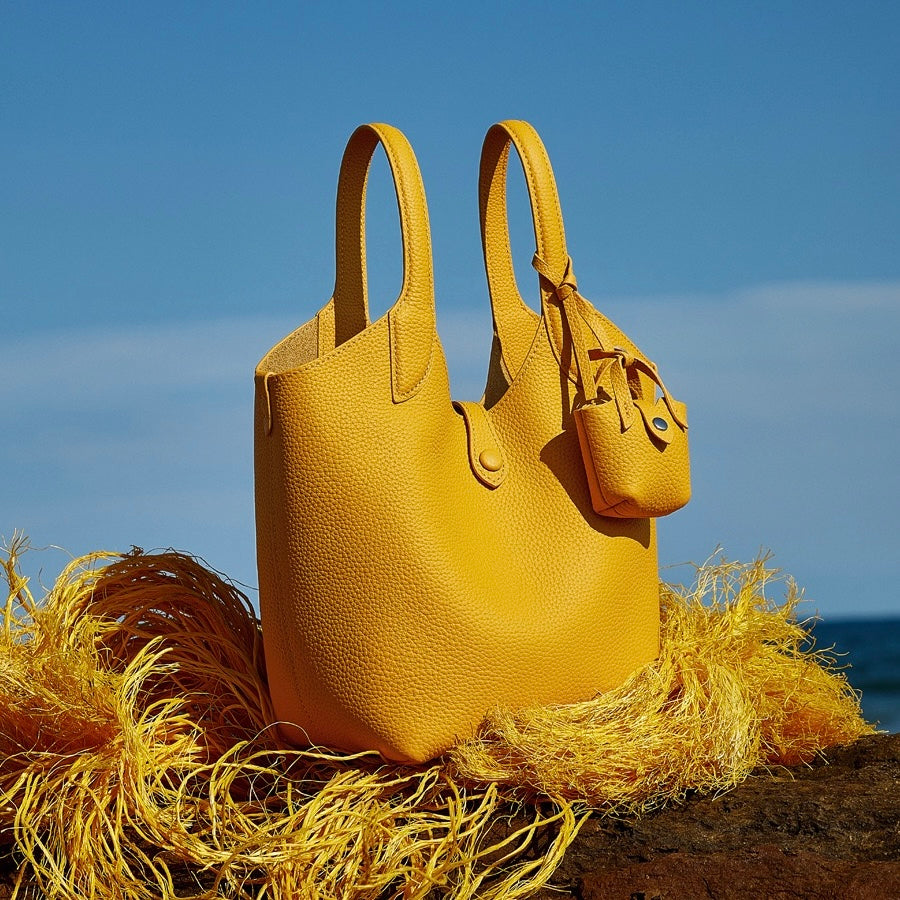 Women's Elegant Pebbled Leather Bucket Bag with Mini Pouch