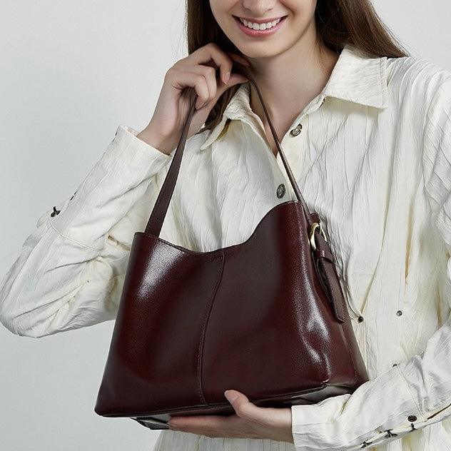 Women’s Genuine Leather Large Tote Shoulder Bag – Vegetable-Tanned Commuter Crossbody