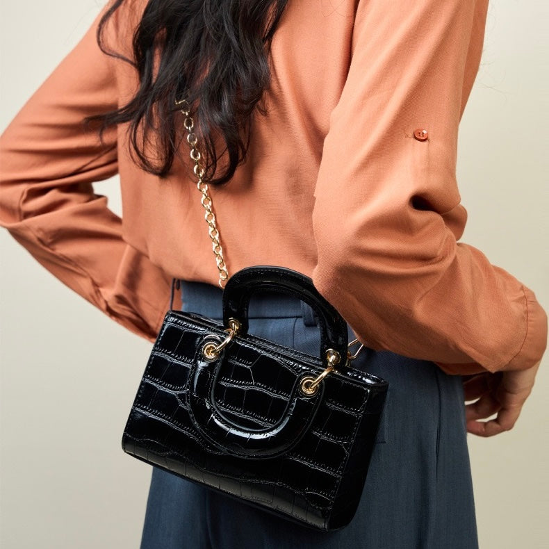 Women’s Genuine Leather Elegant Top-Handle Handbag – Croc Embossed Classic Style