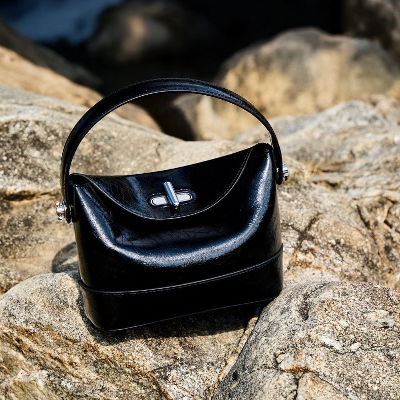 Women’s Genuine Leather Mini Bucket Shoulder Bag – Chic Turn-Lock Crossbody