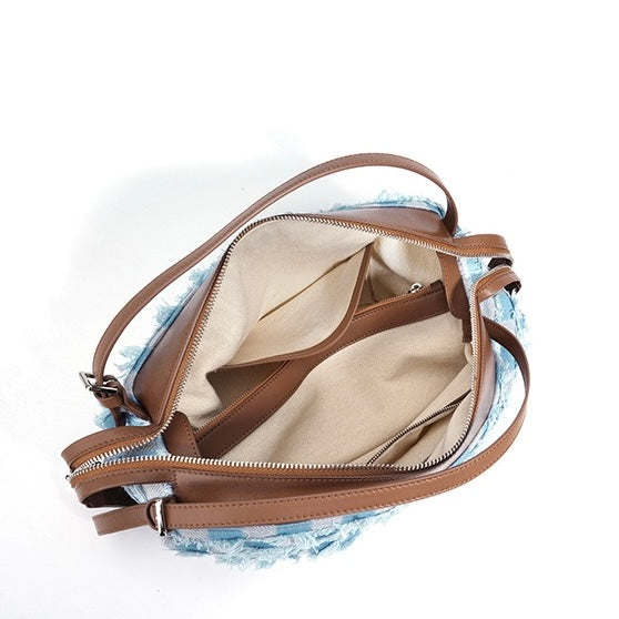 Women’s Genuine Leather Denim Patchwork Shoulder Bag – Vintage Artistic Style