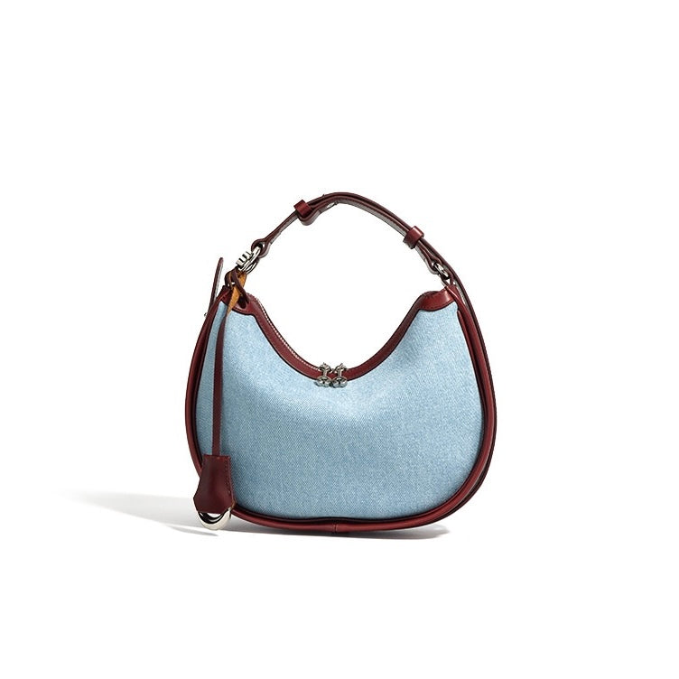 Women’s Genuine Leather & Denim Crescent Shoulder Bag – Spring/Summer Mini Edition