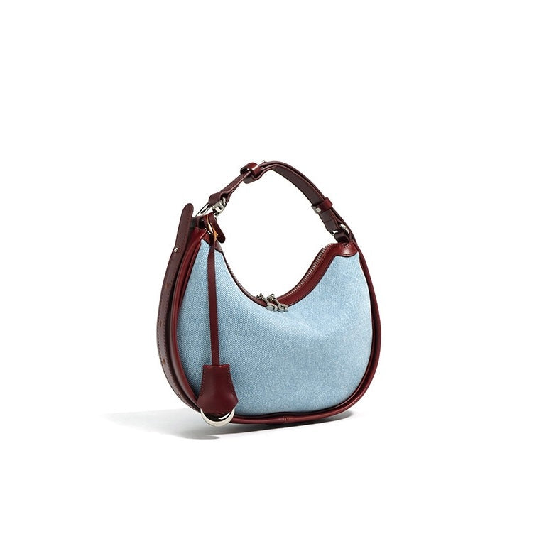 Women’s Genuine Leather & Denim Crescent Shoulder Bag – Spring/Summer Mini Edition