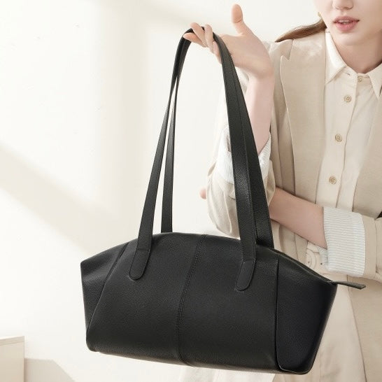 Women’s Genuine Leather Winged Pleated Tote – Minimalist Large Capacity Commuter Bag