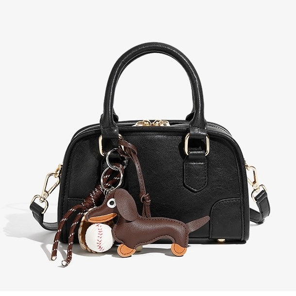 Women's Genuine Leather Boston Crossbody Bag with Dachshund Pendant