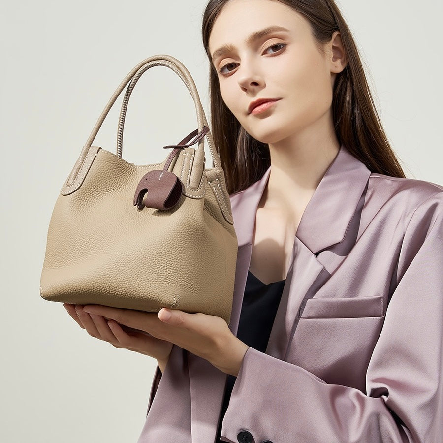 Women's Genuine Leather Bucket Bag with Little Elephant Pendant