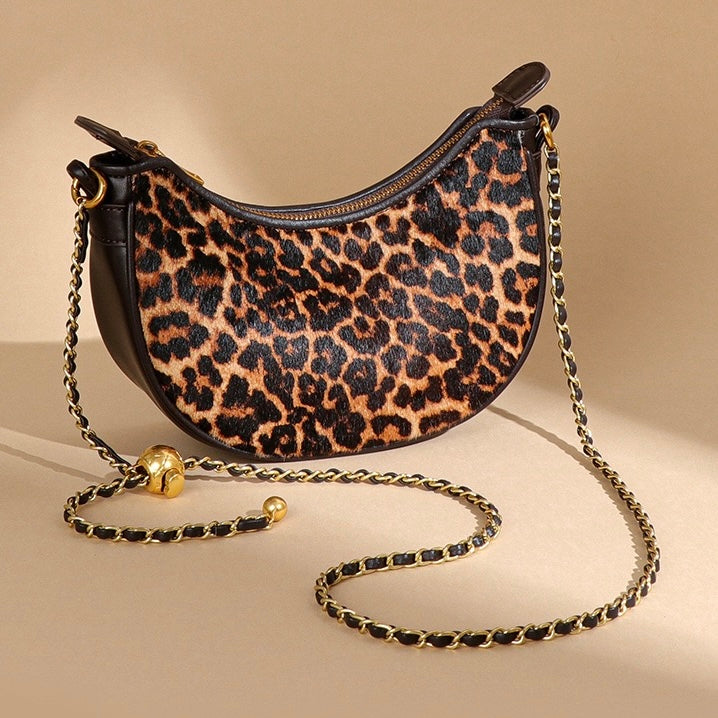 Genuine Leather Leopard Print Half Moon Shaped Ladies Crossbody Shoulder Bag