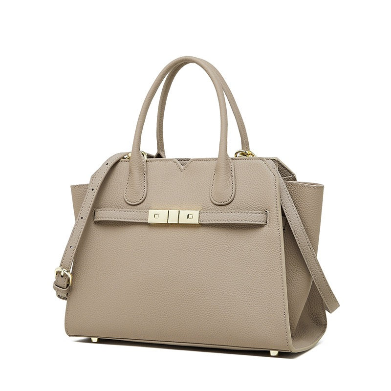 Classic Structured Leather Tote Bag with Gold Hardware