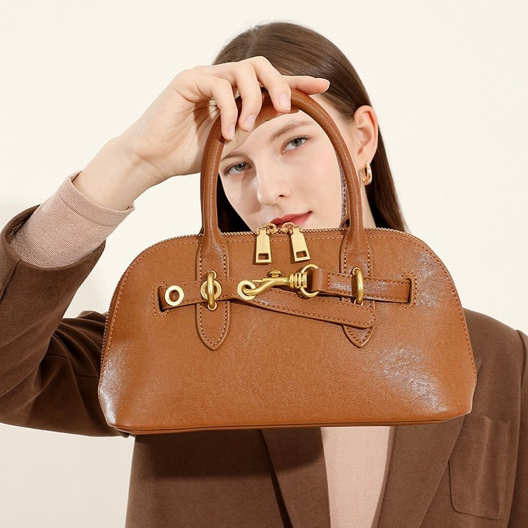 Women's Genuine Leather Shell Bag Vintage Elegant Top Handle Shoulder Crossbody Bag