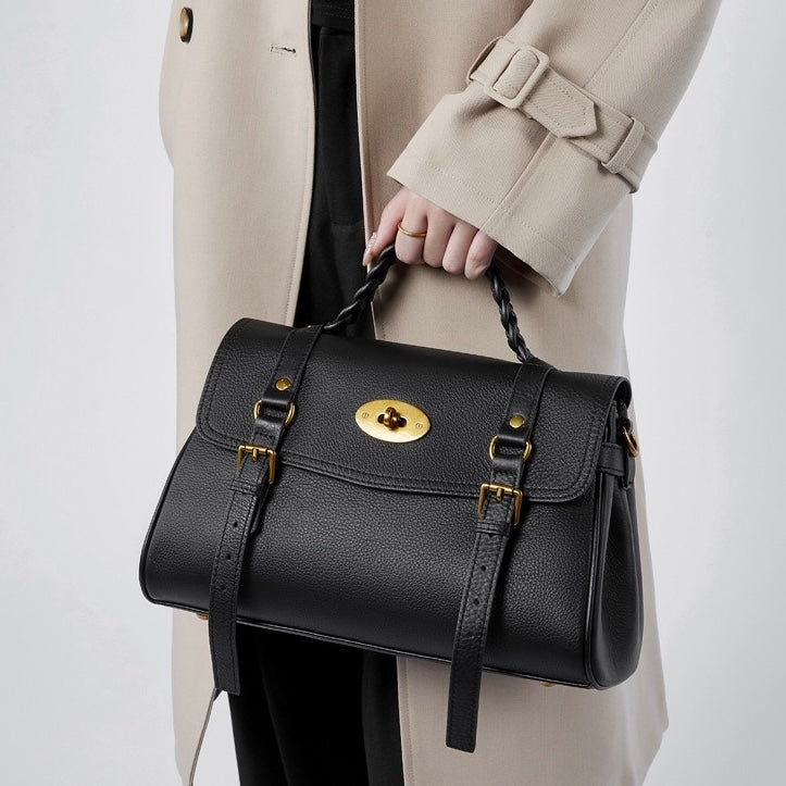 Classic Buckle-Detail Leather Satchel with Braided Handle