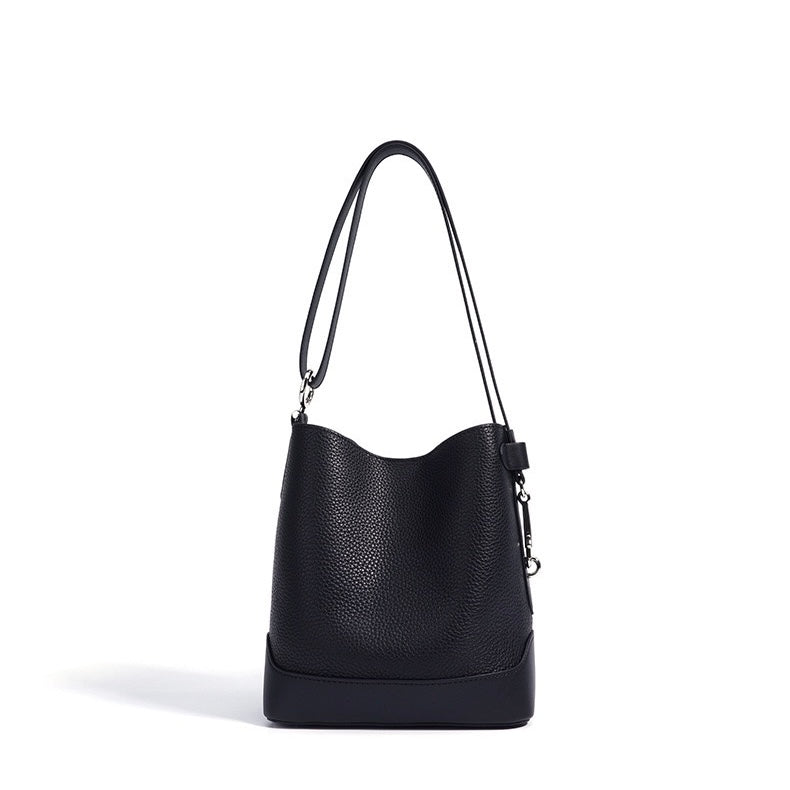 Women’s Genuine Leather Lychee Grain Bucket Shoulder Crossbody Bag